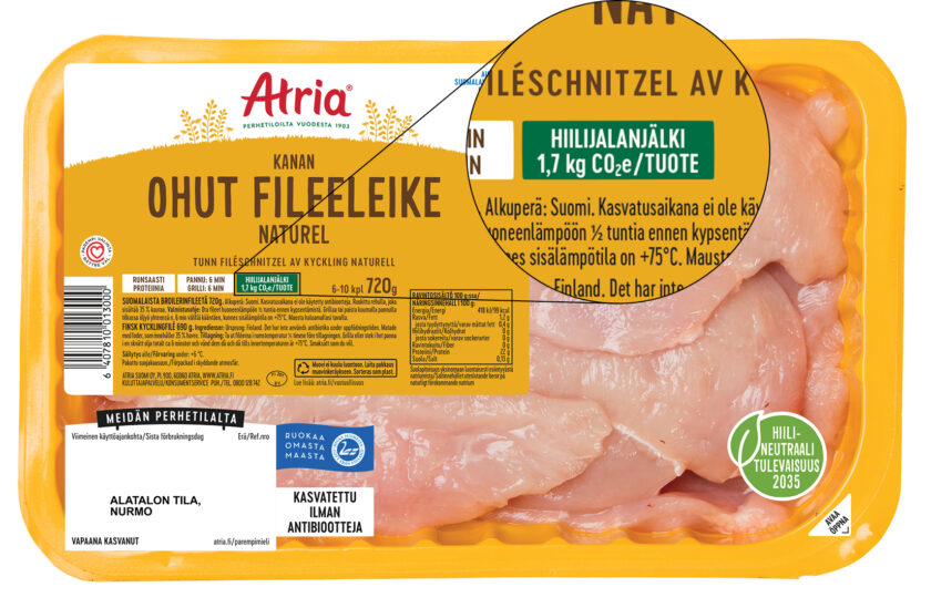Kuvituskuvassa Atrian keltainen kana ohut fileeleike-pakkaus