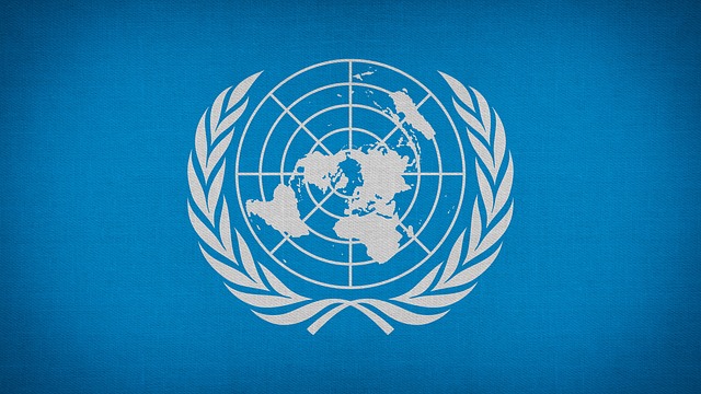 Sinisellä taustalla valkoinen YK:n maapallo-logo